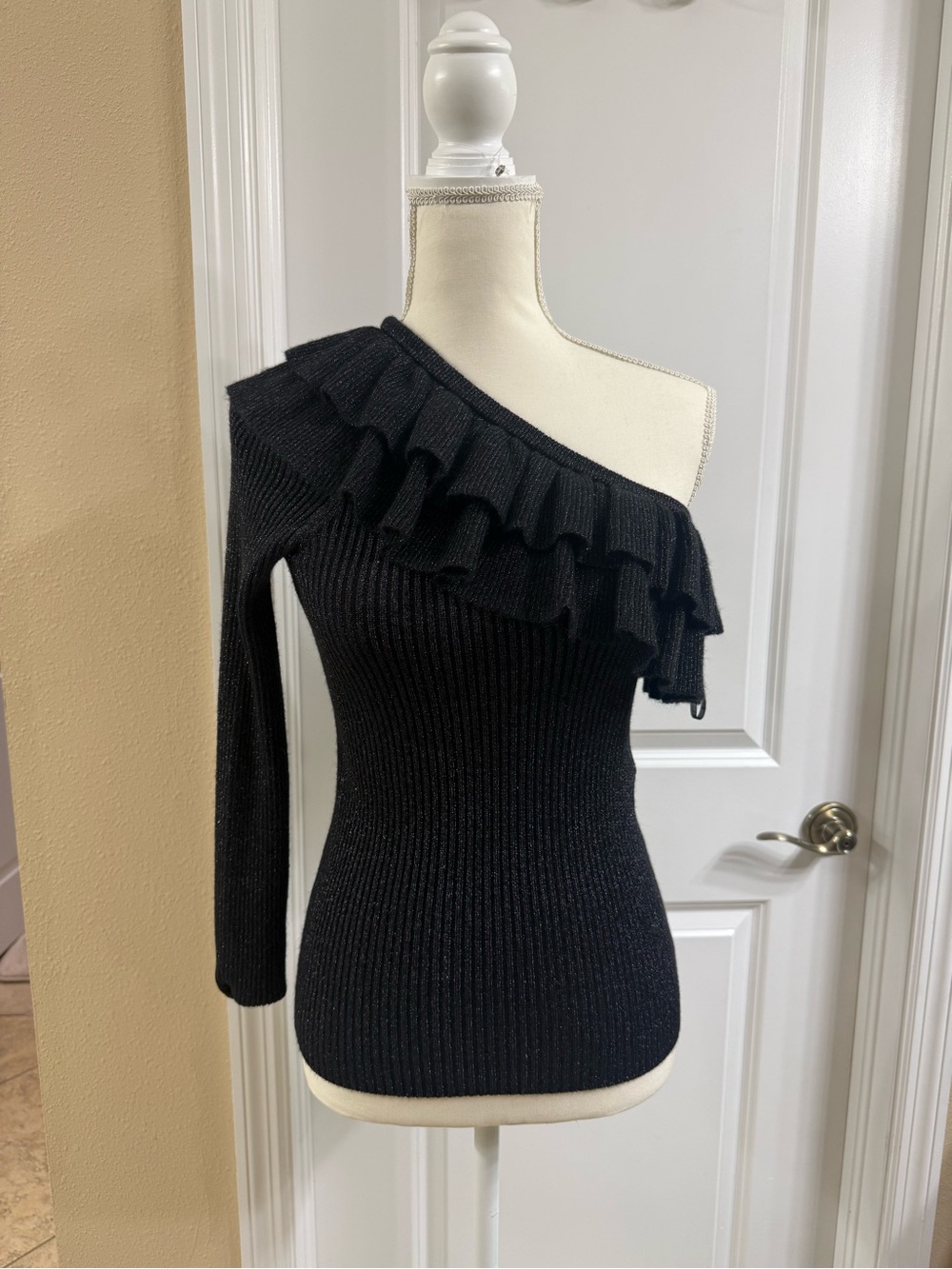 Rebecca Taylor Black One-Shoulder Ruffle Ribbed Sweater